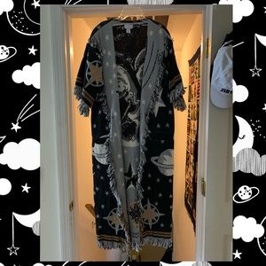 OS Man n Moon Outer Space Fringe Tapestry Coat NWT